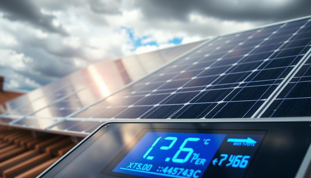 A solar panel array positioned on a slanted roof, capturing the warm afternoon sun in Laramie, Wyoming. The solar cells glisten with a metallic sheen, their efficiency visually represented by a vibrant, electric-blue glow emanating from their surface. In the foreground, a clear display shows real-time data on the panel's energy output, temperature, and conversion rate. The background features a cloudy, but bright sky, hinting at the variable nature of solar power in Laramie's climate. The image conveys a sense of technological innovation and environmental responsibility, perfectly suited to illustrate the section on "Understanding Solar Panel Efficiency in Laramie's Climate".
