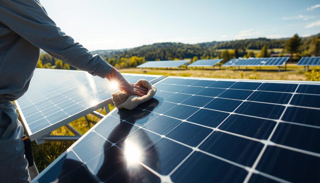 A solar panel installation in a bright, sunny outdoor setting in Rutland, Vermont. In the foreground, a person in a grey uniform is carefully wiping down a solar panel with a microfiber cloth, ensuring its surface is free of dust and grime. The solar panels are mounted on a sturdy metal frame, the sunlight glinting off their sleek, glossy surface. In the middle ground, additional solar panels can be seen, arranged in neat rows, their tidy appearance suggesting meticulous maintenance. The background features a picturesque New England landscape, with rolling hills, lush greenery, and a clear, azure sky. The scene conveys a sense of efficiency, professionalism, and environmental stewardship.