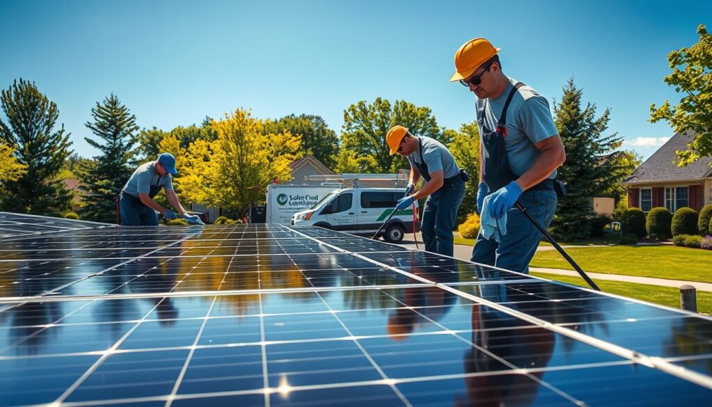 A sunny day in South Burlington, VT. In the foreground, a team of professional solar panel cleaners carefully wiping the solar panels with soft microfiber cloths, ensuring every inch is spotless. The panels gleam in the warm sunlight, their efficiency optimized through meticulous cleaning. In the middle ground, a truck with the cleaning company's logo stands nearby, its tools and equipment ready for the job. The background features a well-maintained residential neighborhood, with lush green trees and neatly trimmed lawns, complementing the sustainable energy focus. The scene conveys a sense of diligence, environmental awareness, and the importance of regular professional solar panel maintenance.