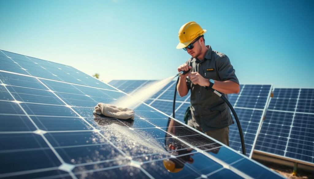 A sunny, well-lit outdoor scene showcasing the steps involved in professional solar panel cleaning. In the foreground, a technician in a uniform carefully wipes down a large, gleaming solar panel with a specialized microfiber cloth. In the middle ground, another technician uses a high-pressure water hose to gently spray away accumulated dust and grime from the panel's surface. In the background, a row of meticulously maintained solar panels stand tall, their surfaces reflecting the clear blue sky above. The scene conveys a sense of expertise, efficiency, and attention to detail - capturing the key factors to consider when choosing a reliable solar panel cleaning service.