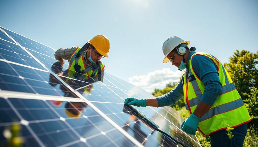 Generate an image of Burlington Clean Energy Solutions inspecting and cleaning solar panels.