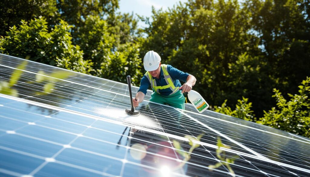 Generate an image of Green Mountain Panel Care cleaning solar panels with eco-friendly solutions.