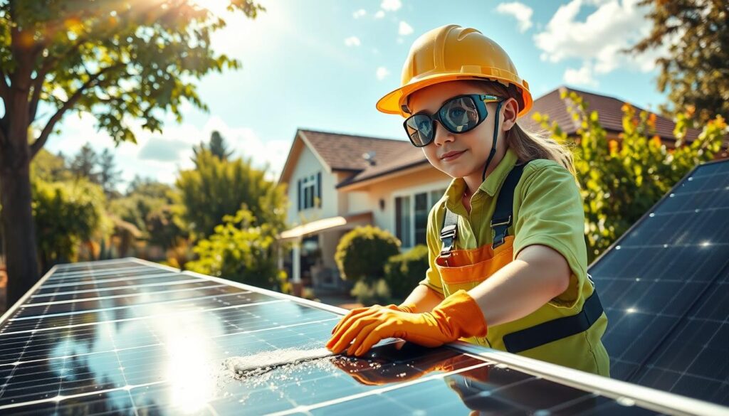 Generate an image of Sparkles by Polli Construction cleaning a residential solar panel array.