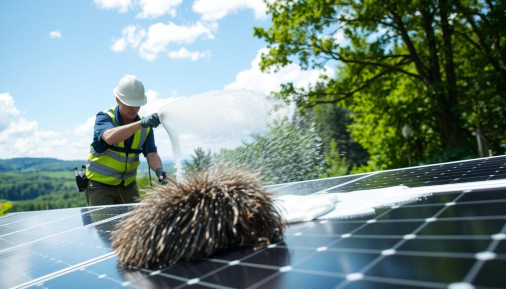 Generate an image of Vermont Solar Maintenance using purified water to clean solar panels.