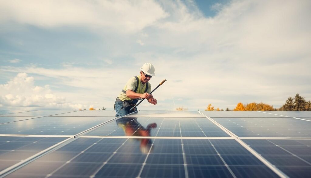 Generate an image of a Mansfield Services team member cleaning solar panels in South Burlington, VT.
