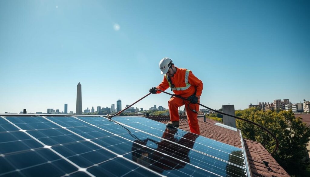 Generate an image of a Sunshine Cleaners DC team member cleaning solar panels on a residential roof in Washington, DC.