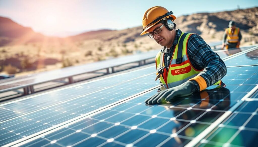 Generate an image of a Wyoming Solar Solutions technician cleaning solar panels in Rock Springs, WY.