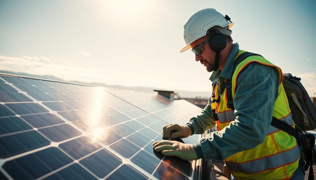 Generate an image of a technician from Clear View Solar Maintenance cleaning solar panels on a rooftop in Rock Springs, WY.