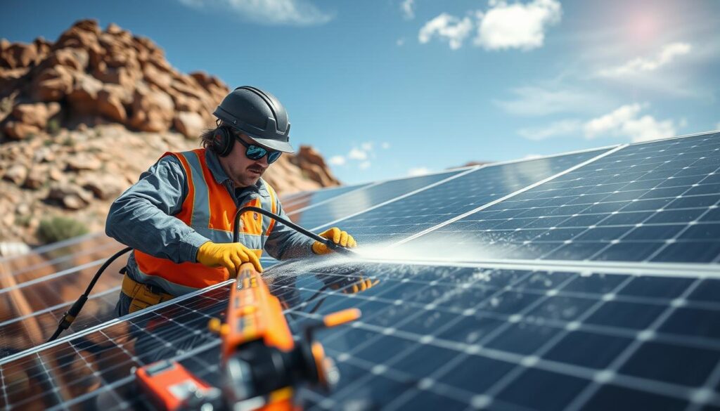 Generate an image of a technician from EcoShine Solar Panel Cleaners cleaning solar panels in Rock Springs, WY, using eco-friendly equipment.