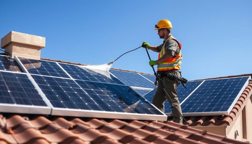 Generate an image of a technician from SunBright Solar Cleaning Services cleaning solar panels on a residential roof in Rock Springs, WY.