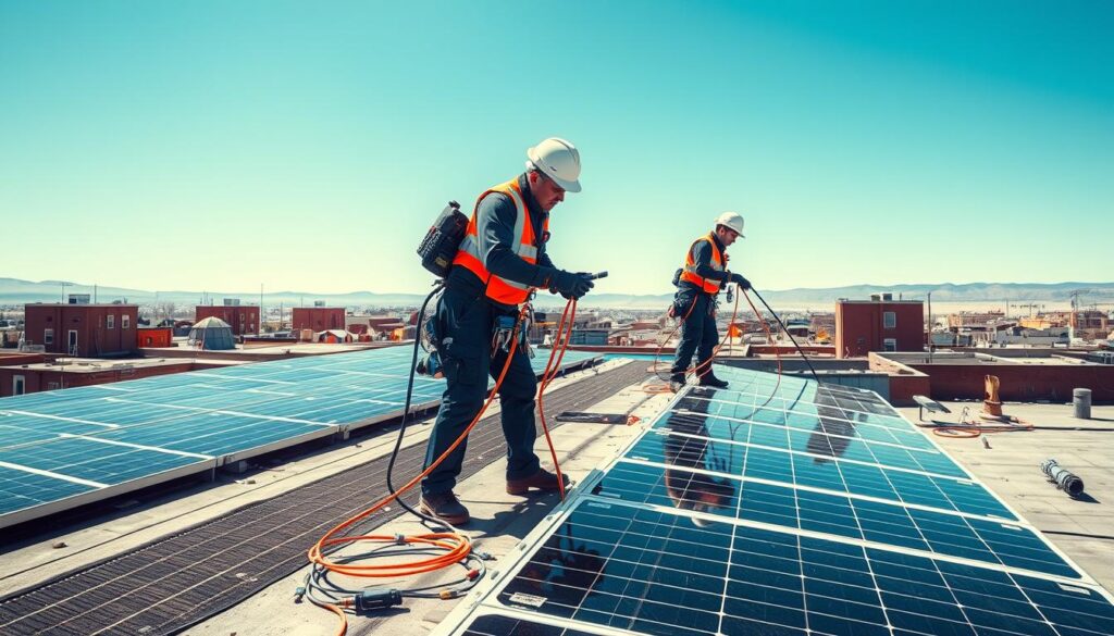 Image generation prompt: A team of professionals from The Electric and Solar Specialist cleaning solar panels on a rooftop in Laramie, WY.