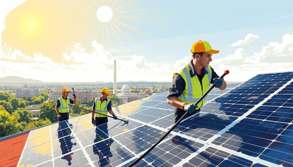 Image of DC Solar Cleaning Pros team in uniform cleaning solar panels in Washington DC