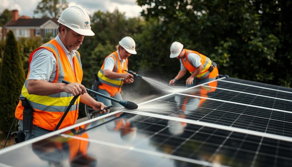 Image of EcoShine Solar Services team cleaning solar panels in Washington DC