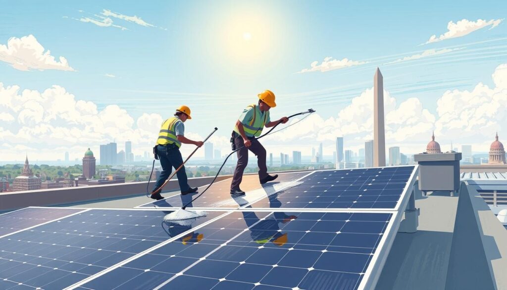 Image of KEVCO Building Services team cleaning solar panels in Washington DC