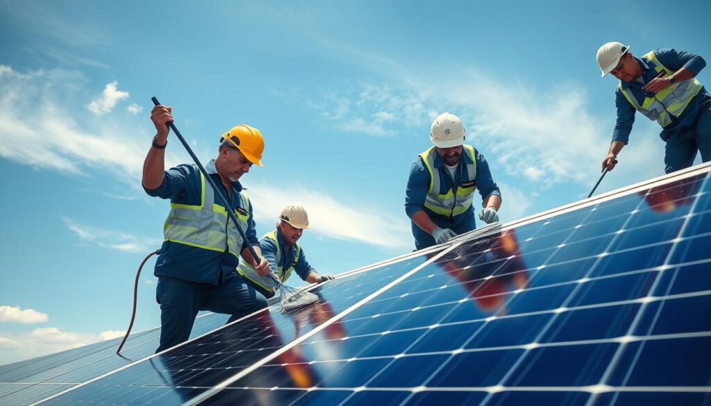 Image of Mansfield Services team cleaning solar panels