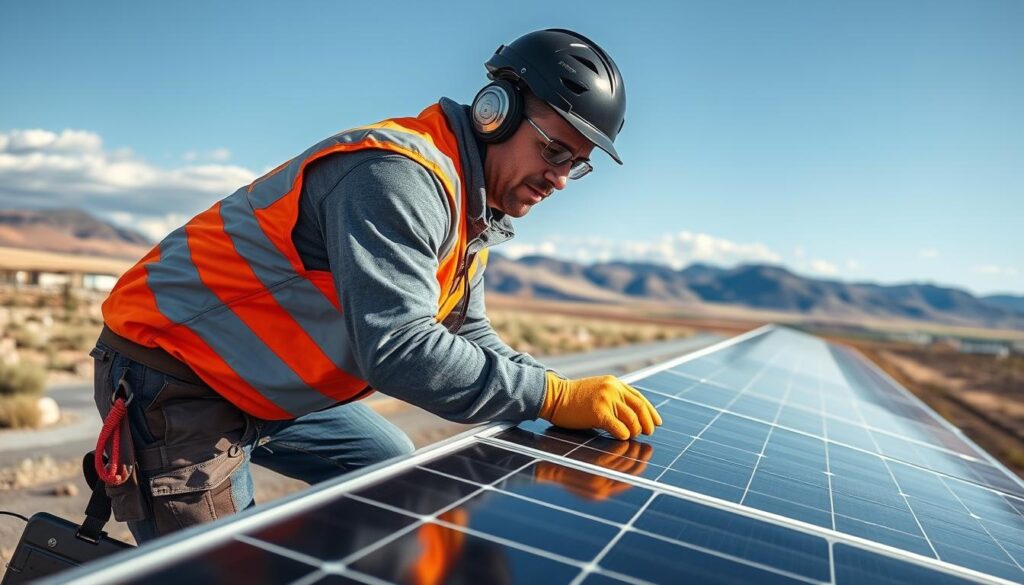 Image of a Next Energy Solar technician cleaning solar panels in Laramie, WY