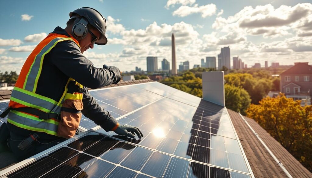 Image of a technician cleaning solar panels on a residential home in Washington DC