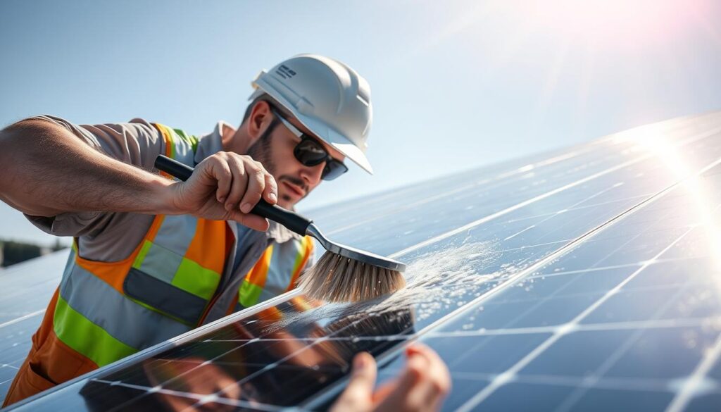 Image of a technician cleaning solar panels with a soft-bristled brush